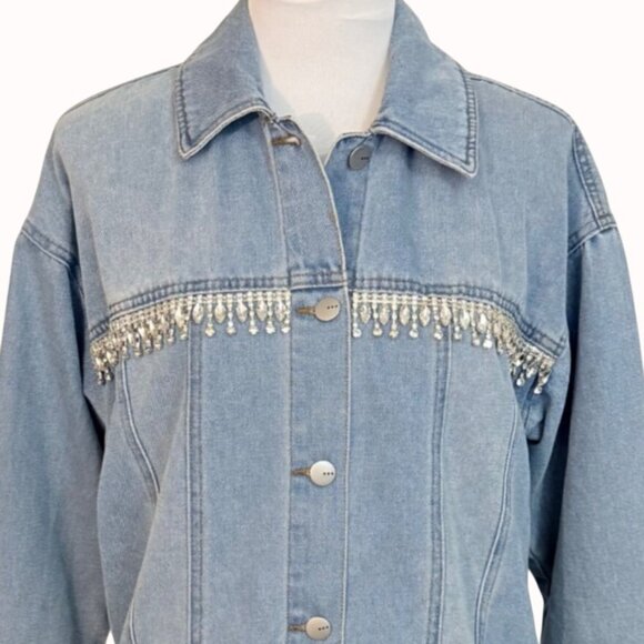 TGLA Denim Jacket Rhinestone Fringe Size M Light Wash Western Cowgirl Jean Coat - Picture 8 of 16